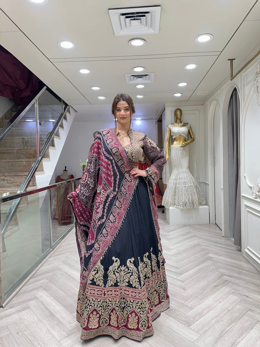 Black lehenga set by Mamta Saree - full drape with dupatta