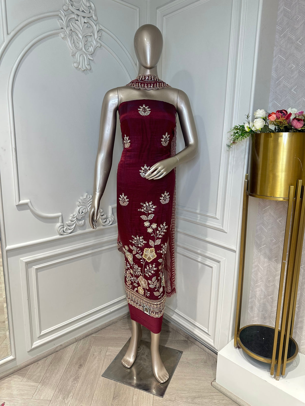 Maroon suit set by Mamta Saree - close-up of beaded neckline and embroidery