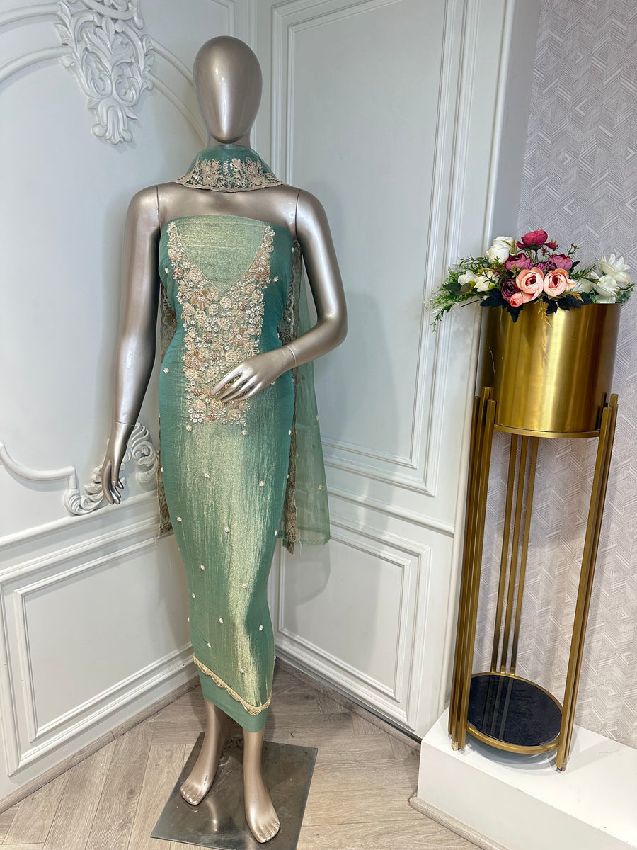 pista green suit by Mamta Saree - neckline detail
