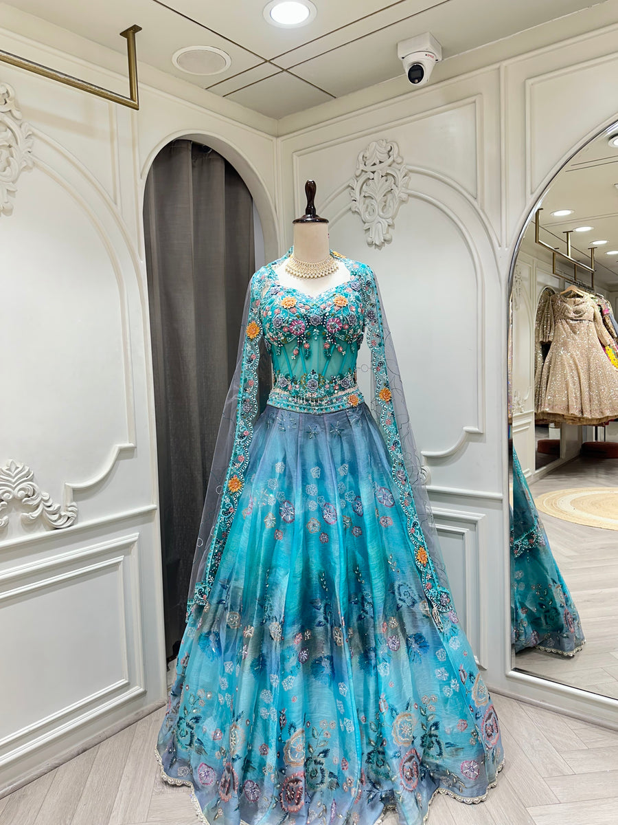 Sky blue lehenga set by Mamta Saree - full look