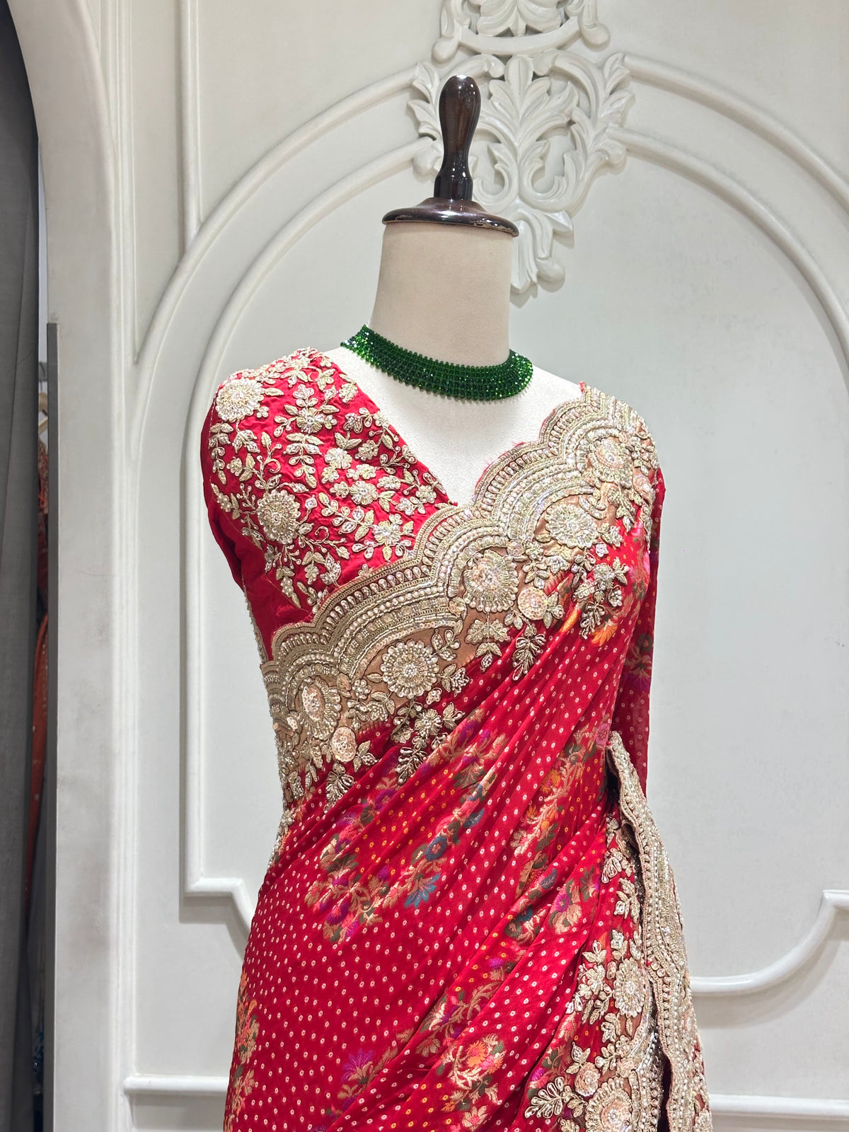 Red saree by Mamta Saree - blouse embroidery close-up