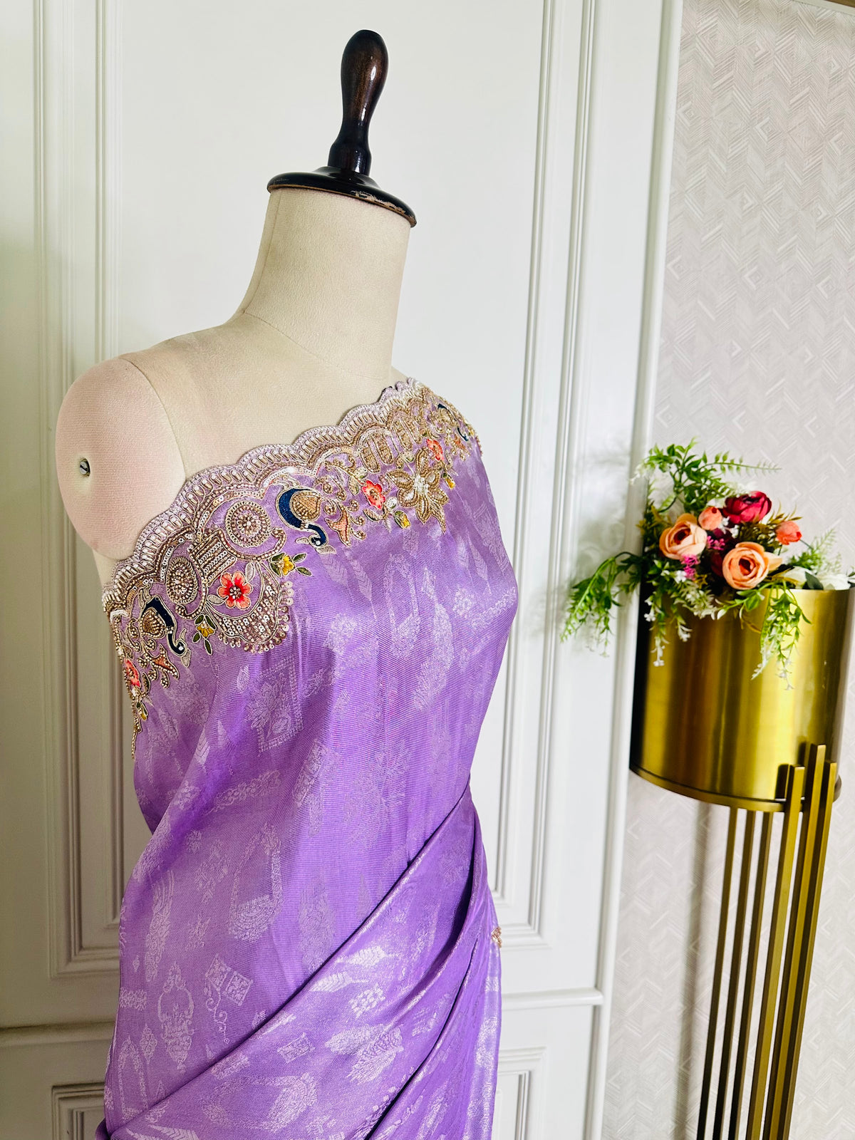 Purple Saree by Mamta Saree - shoulder embroidery close-up