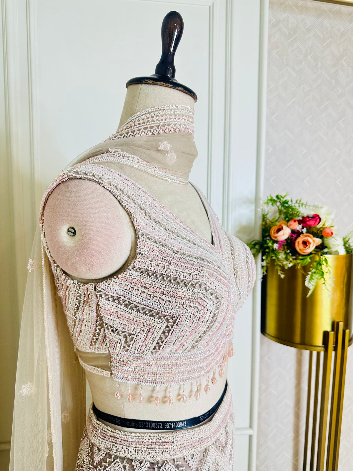 Blush pink sequinned lehenga set by Mamta Saree - blouse and dupatta detail