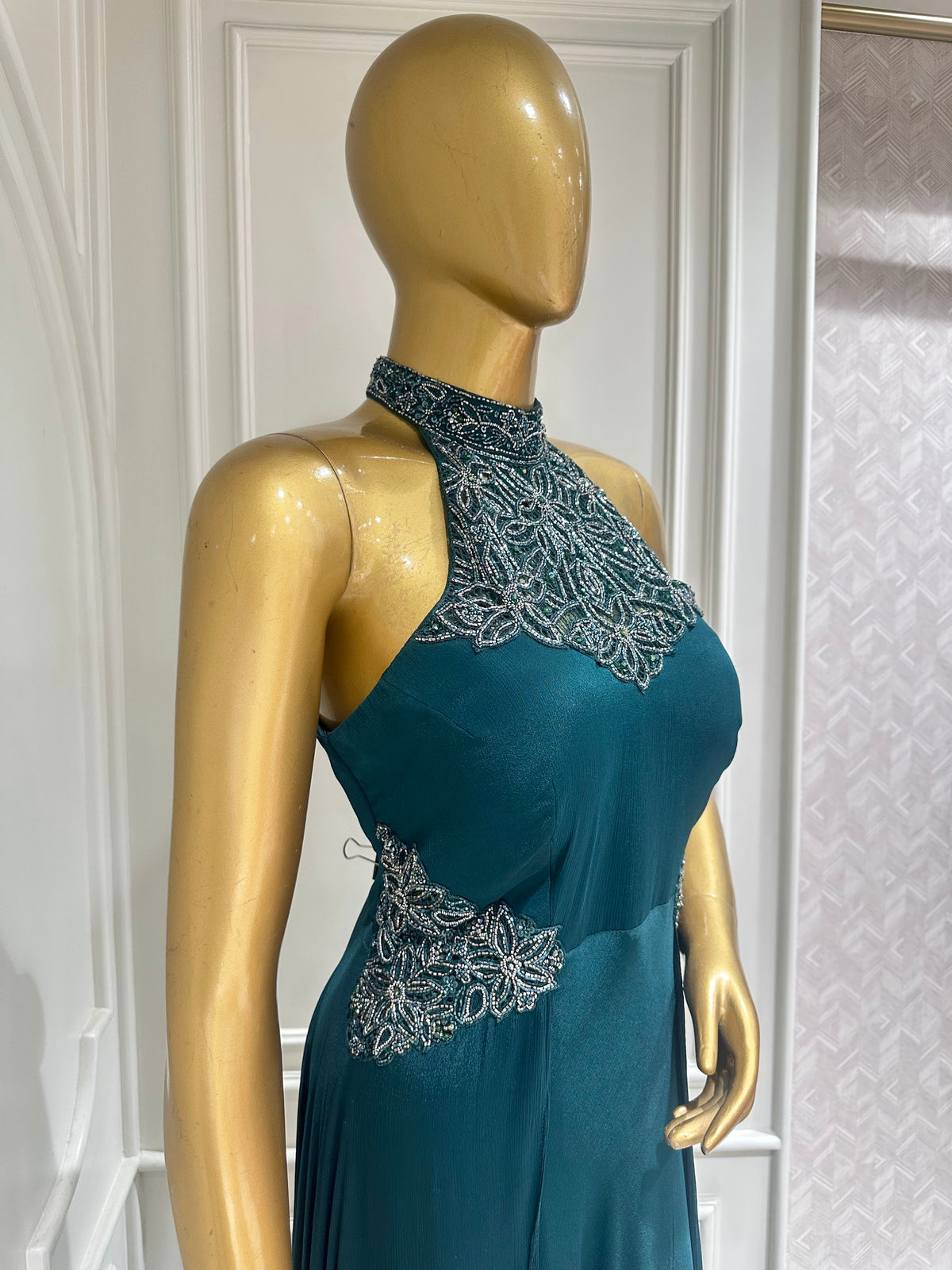 teal green gown by Mamta Saree - full look