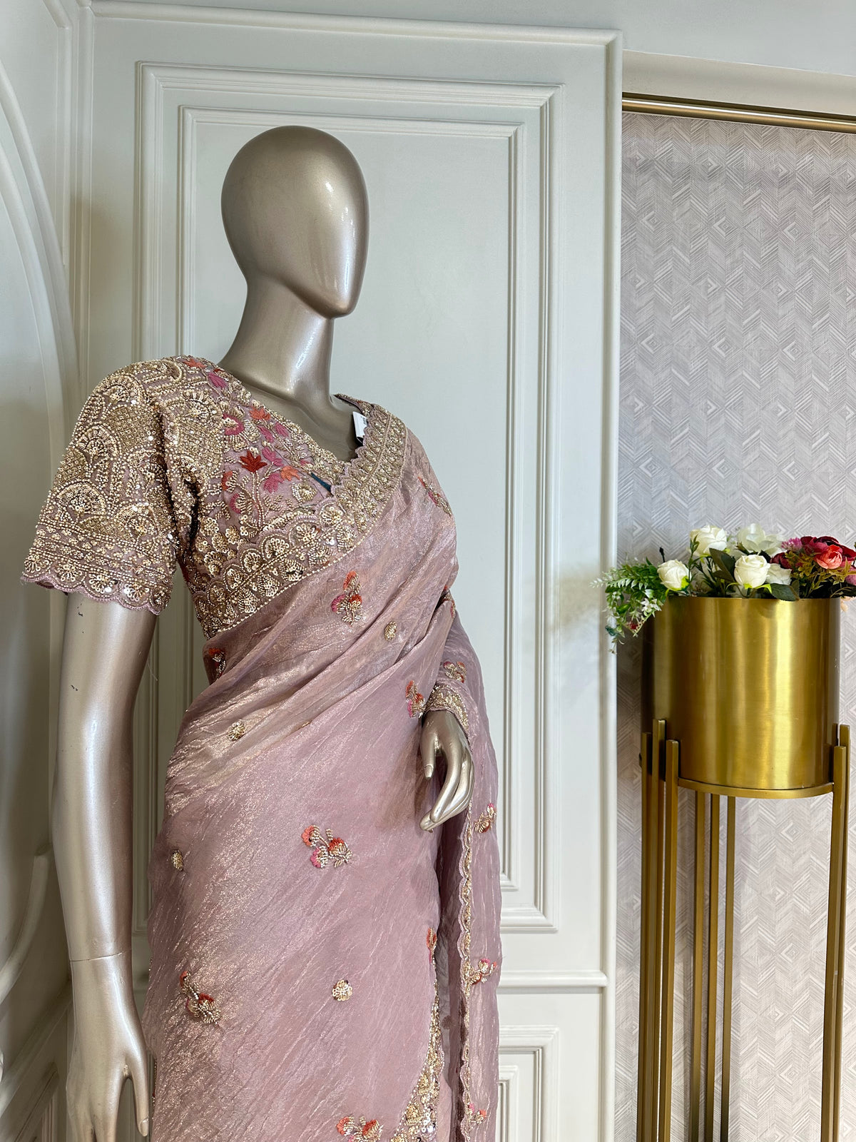 Lavender saree by Mamta Saree - full drape with floral embroidery
