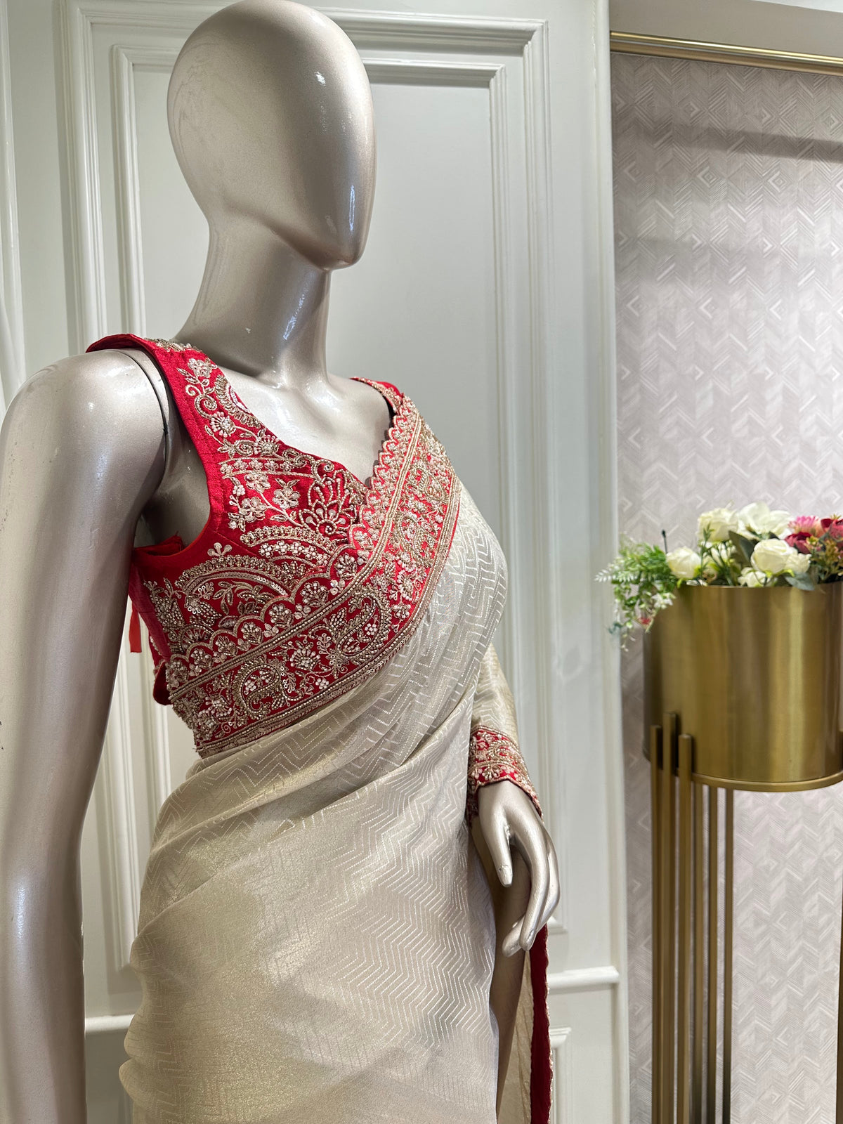 Ivory saree by Mamta Saree - close-up of red beaded blouse
