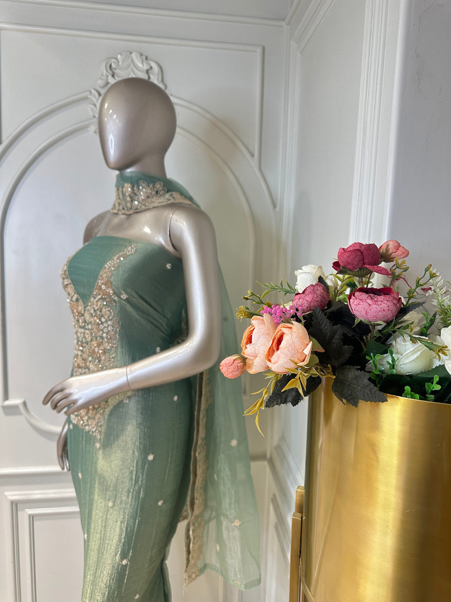 pista green suit by Mamta Saree - fabric view