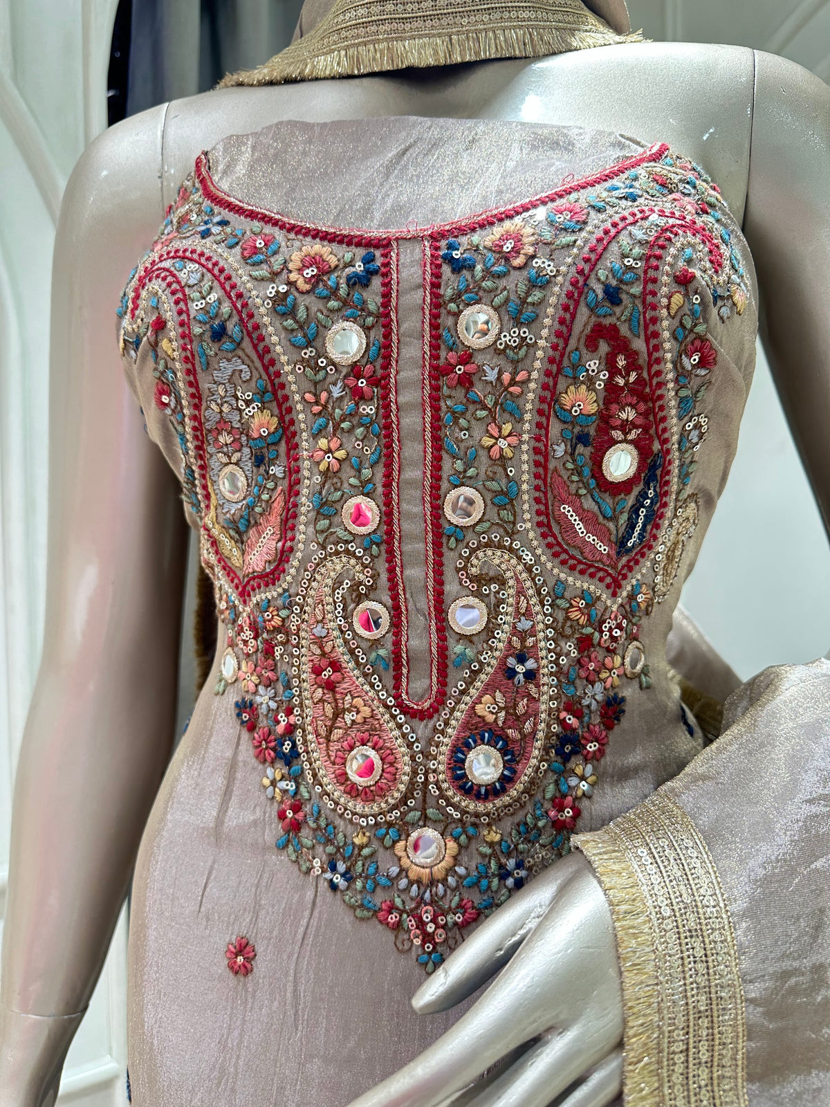 Grey embroidered suit by Mamta Saree - side view