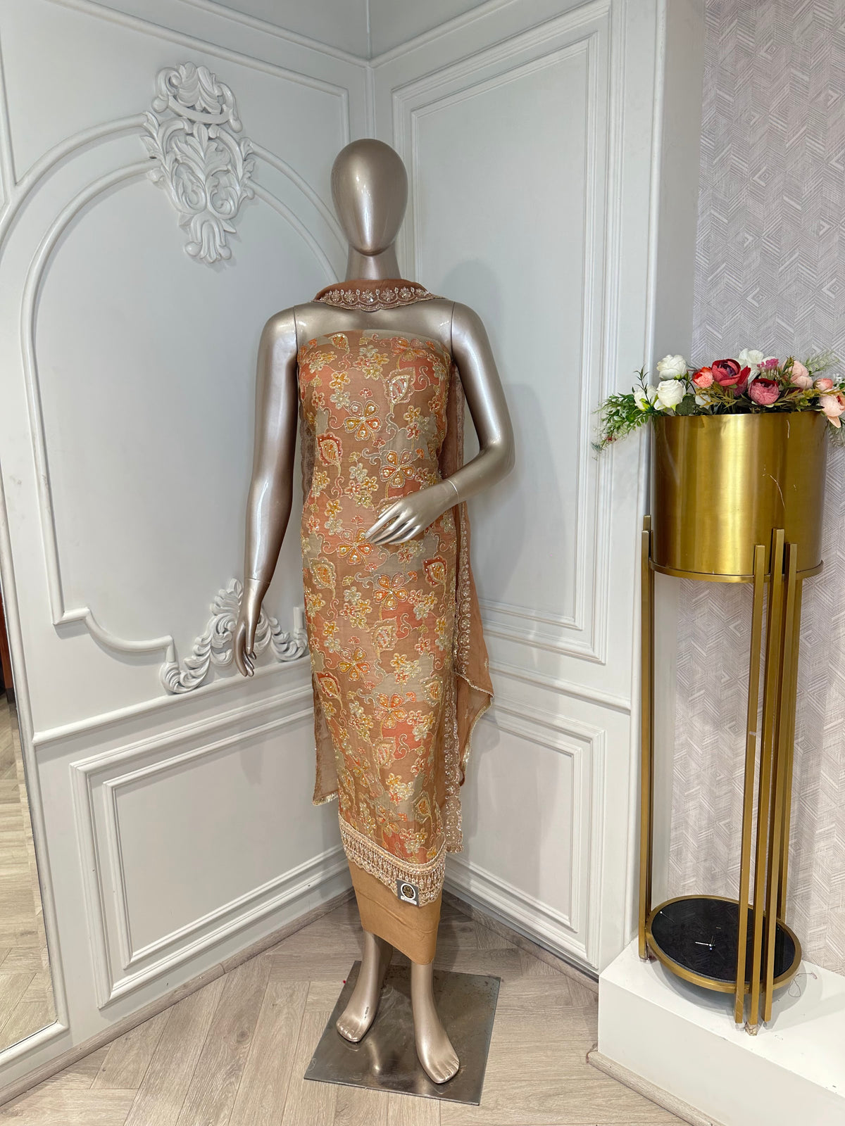 Peach suit set by Mamta Saree - side view with beaded neckline