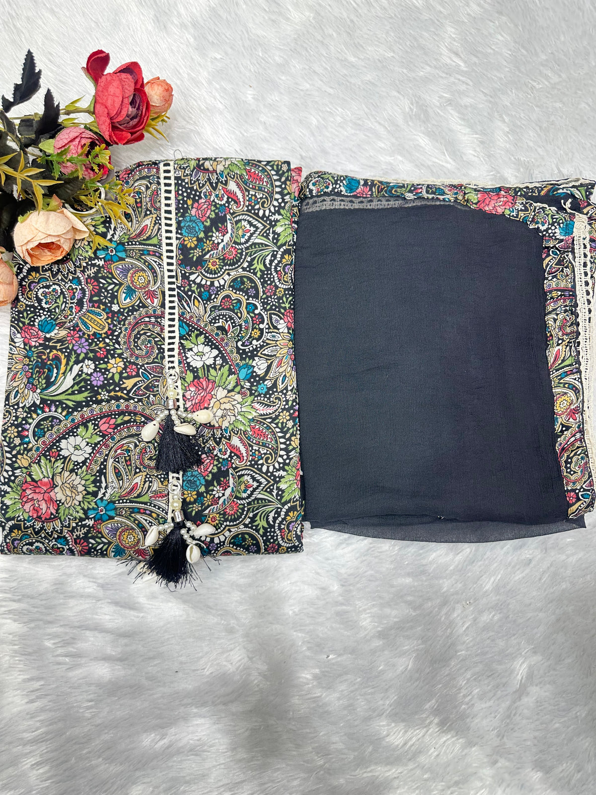 Multicolor paisley print suit by Mamta Saree - black colourway overview