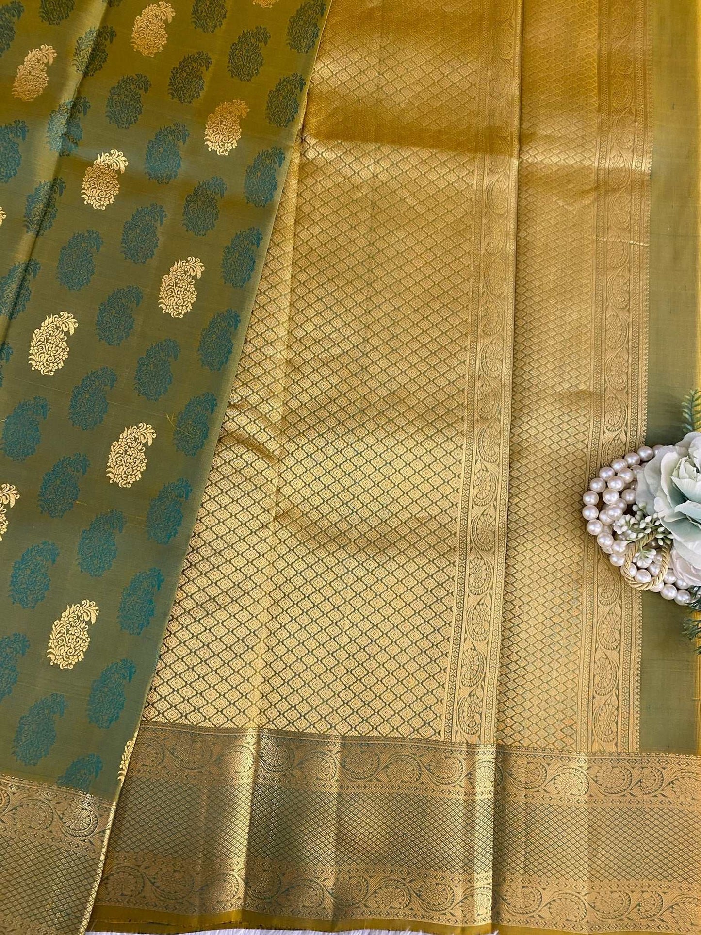 olive gren Zariwork Pure Silk Saree