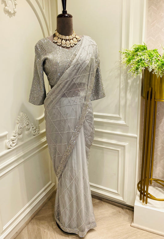 Organza saree hand work with readymade baluja