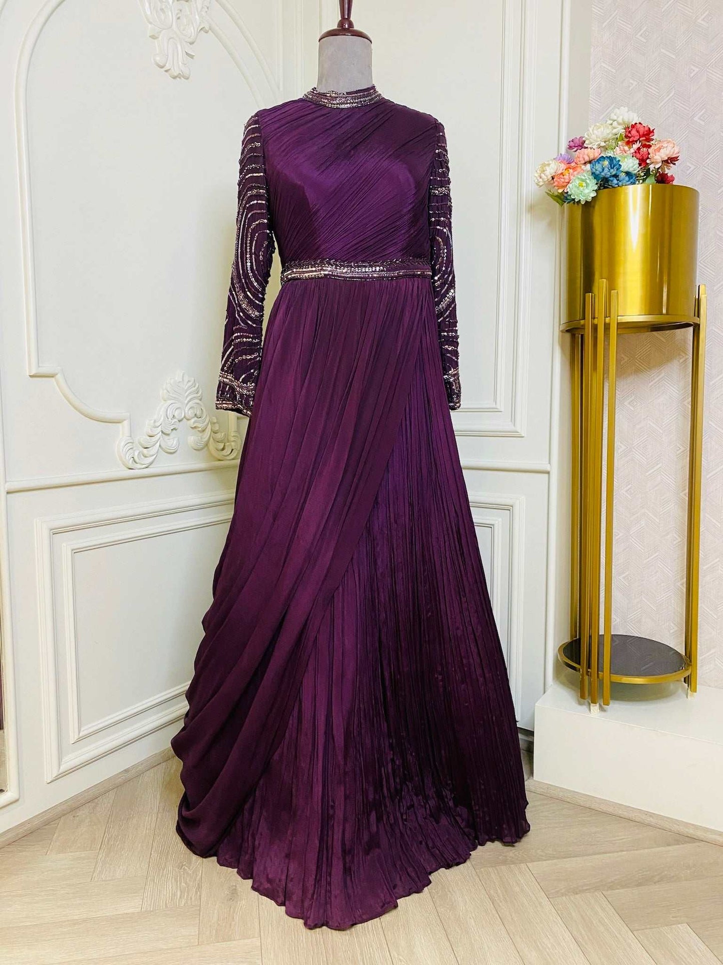 Classic Designer Wine Color Embroidery Gown