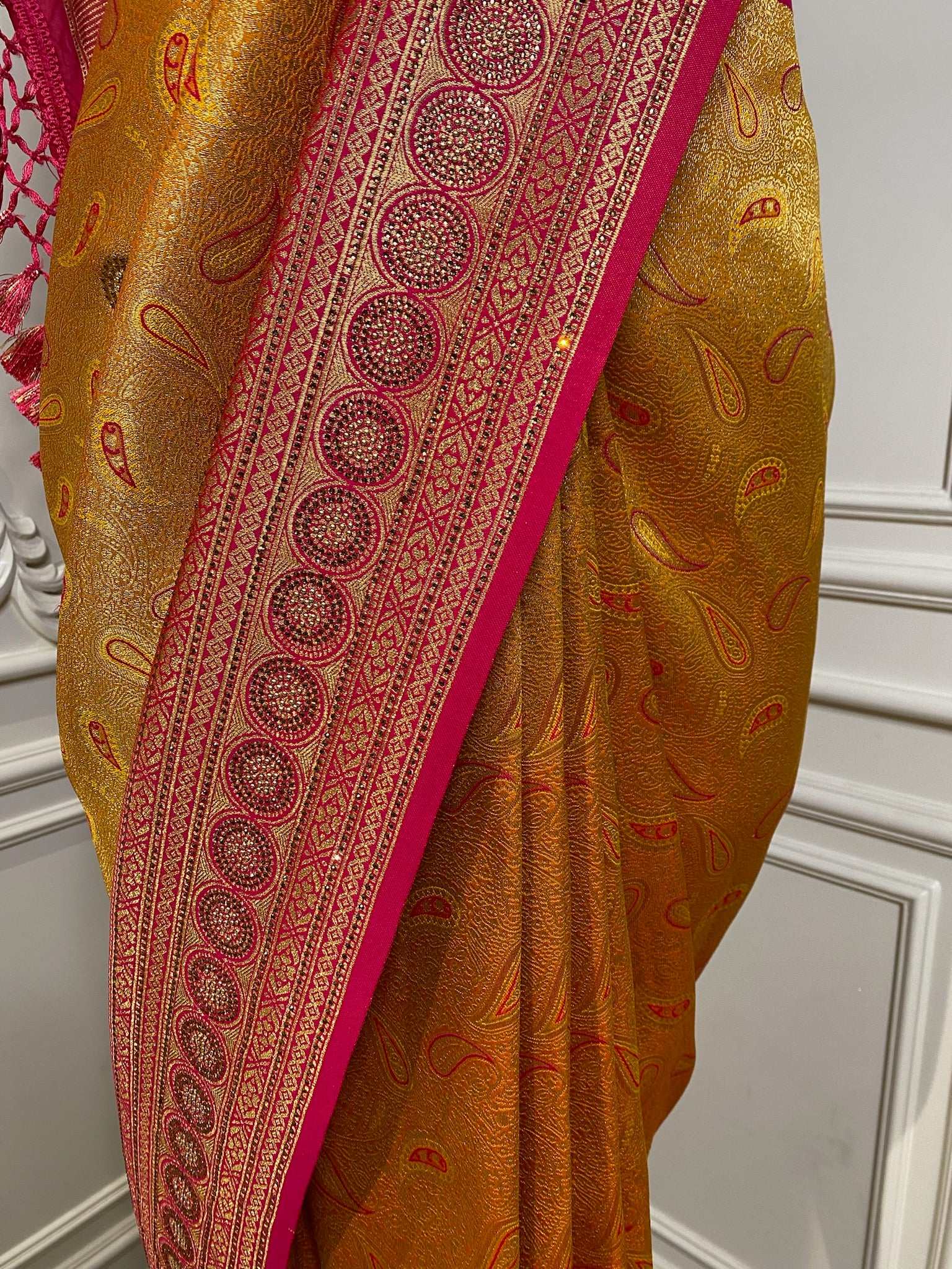 mustard pink saree with contrast border