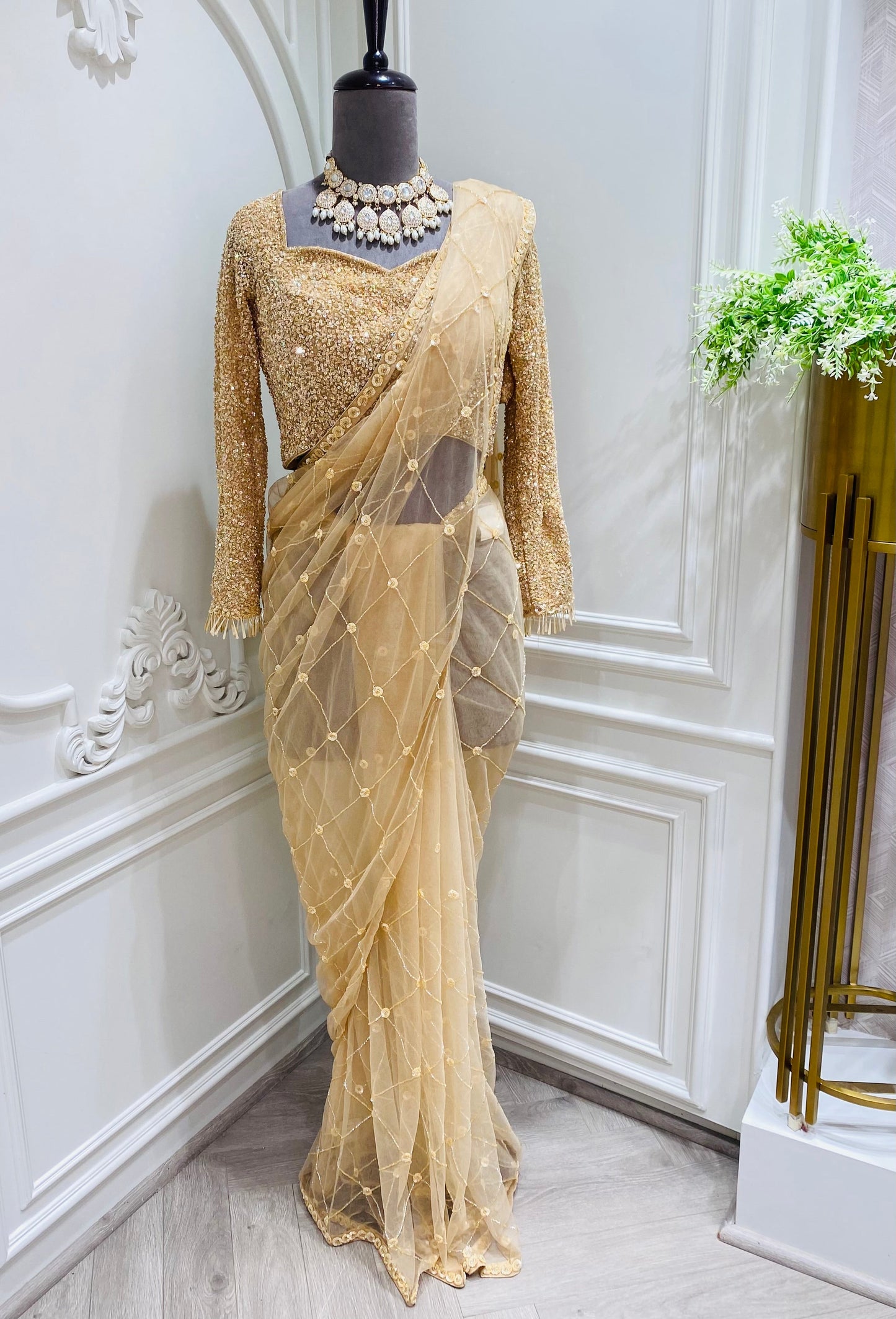 Net saree hand works with readymade blouse