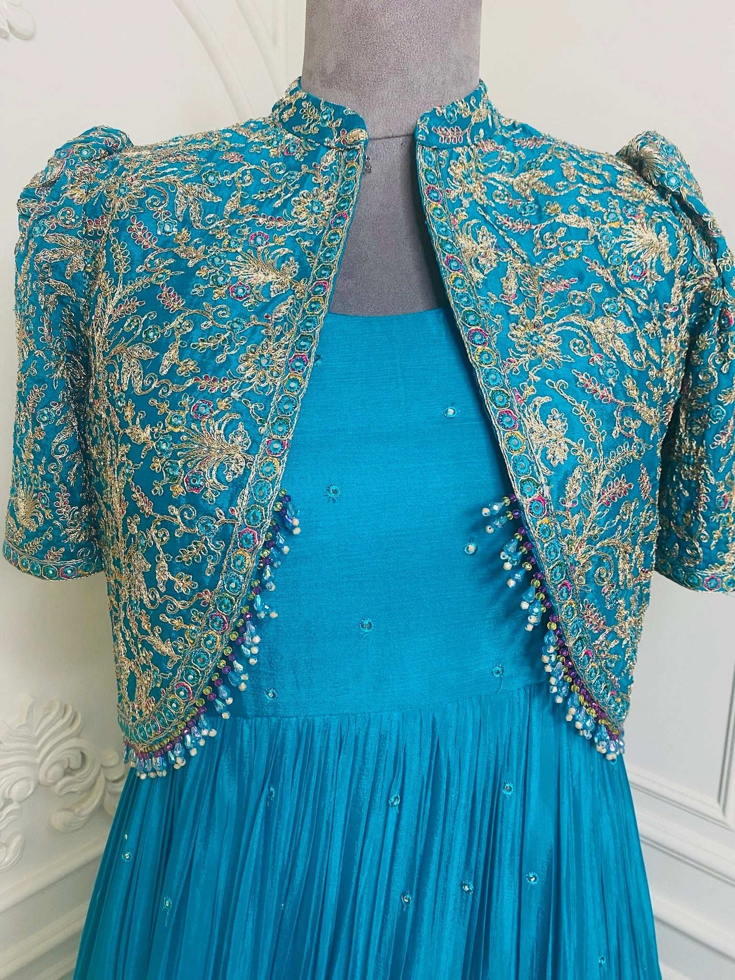 Ferozi Short Jacket Dress With Kashmiri Style  Embroidery