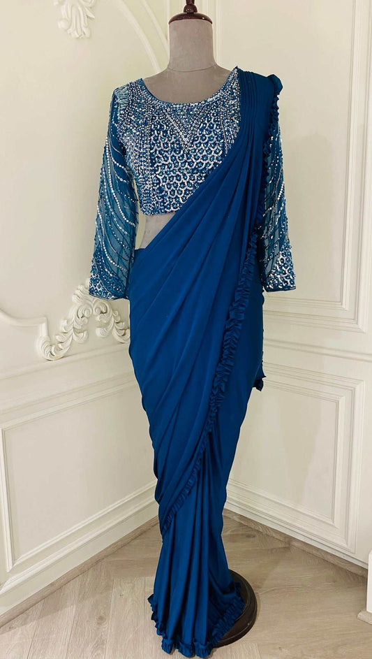 Teal Lycra Ready Wear Saree