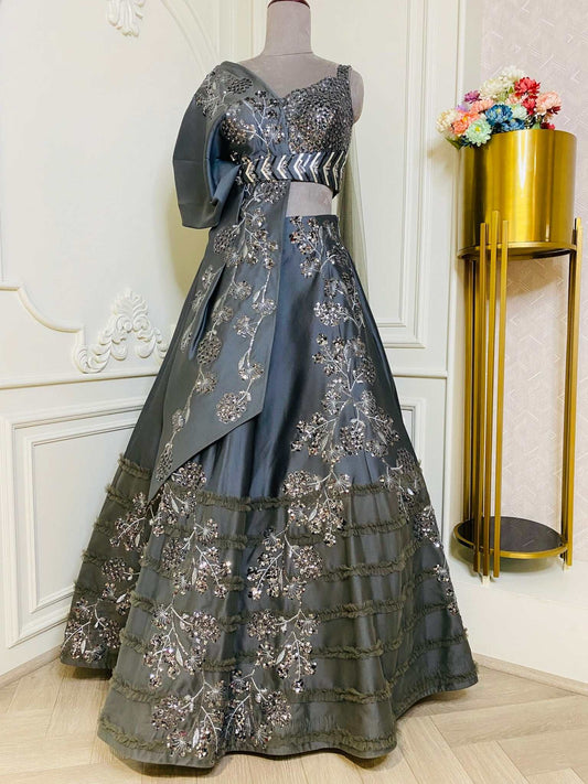 ELEGANT DARK GREY TISSUE DRESS WITH SEQUENCE AND THREAD EMBELLISHMENTS