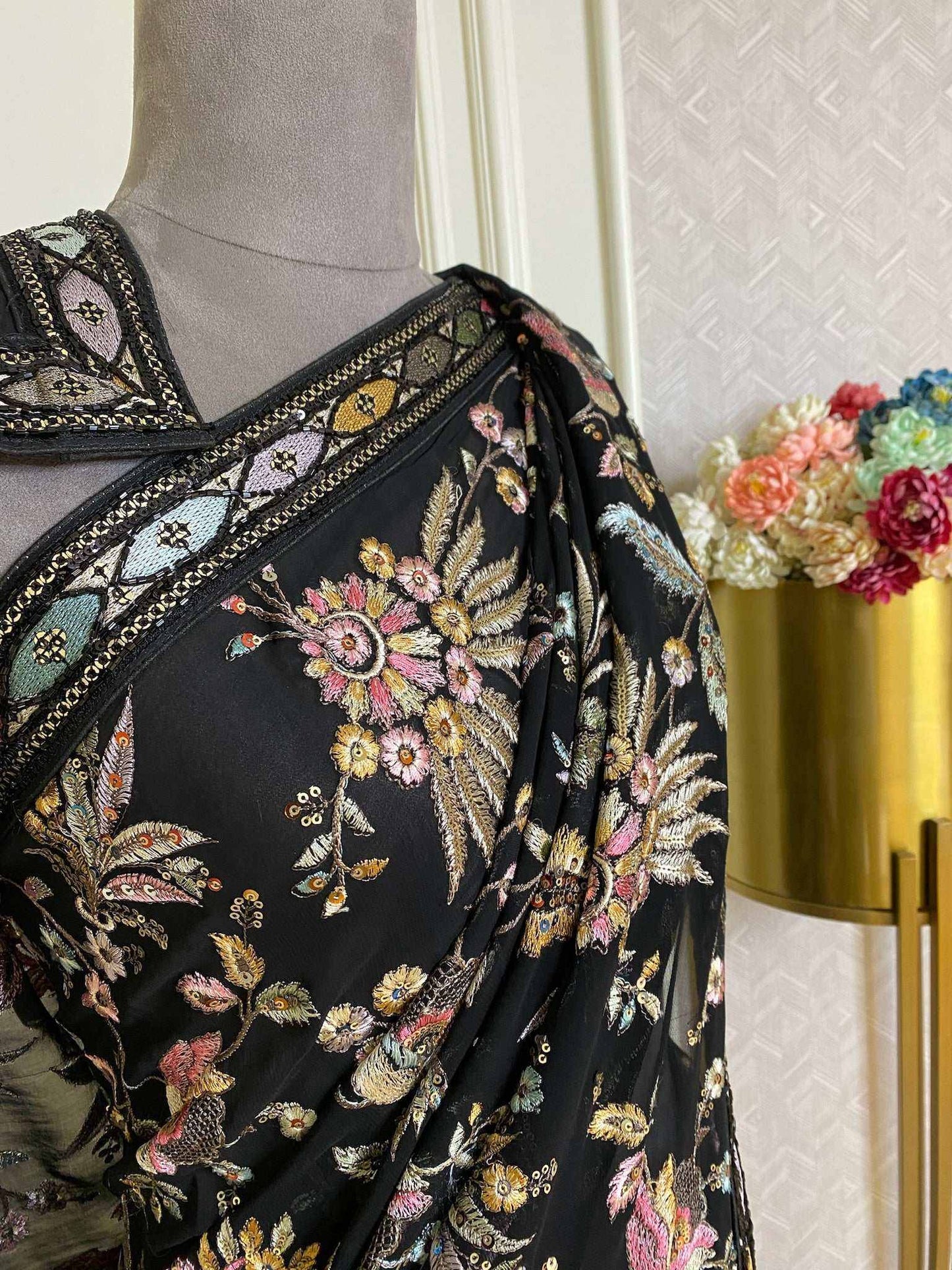 Black Thread Embroidered Saree
