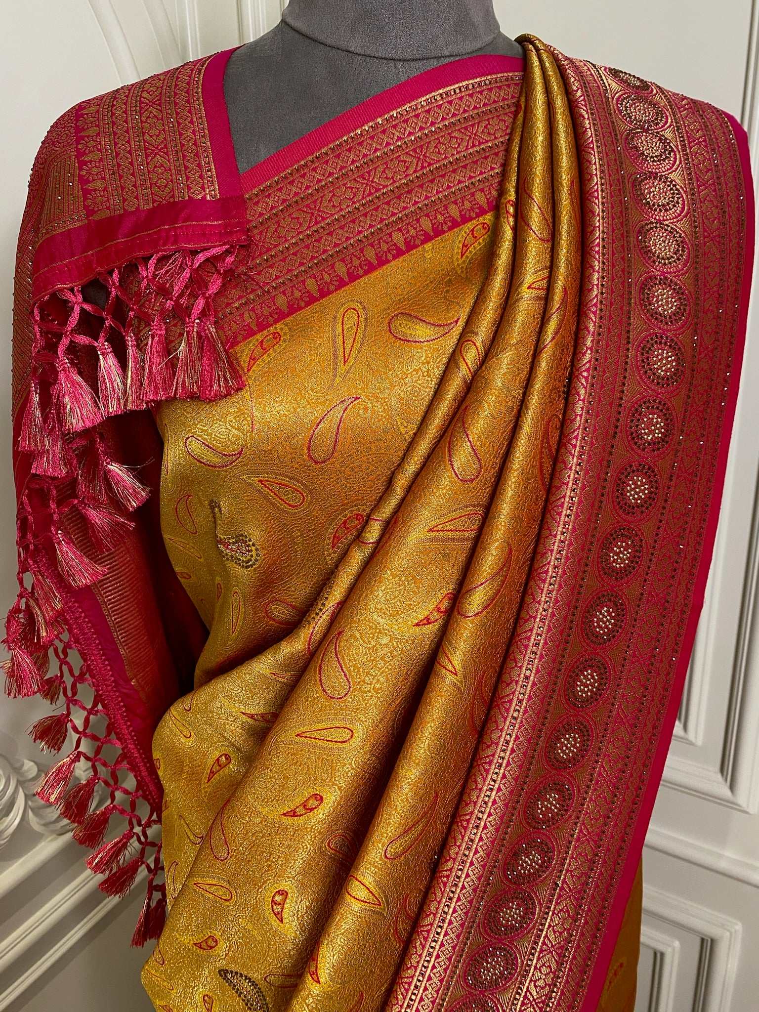 mustard pink saree with contrast border