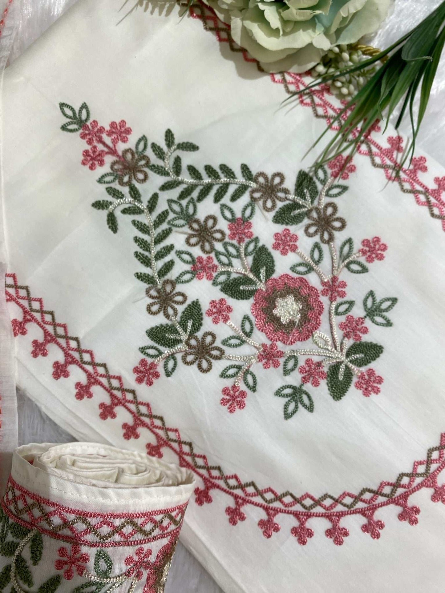 Resham Embroidery White Cotton Suit
