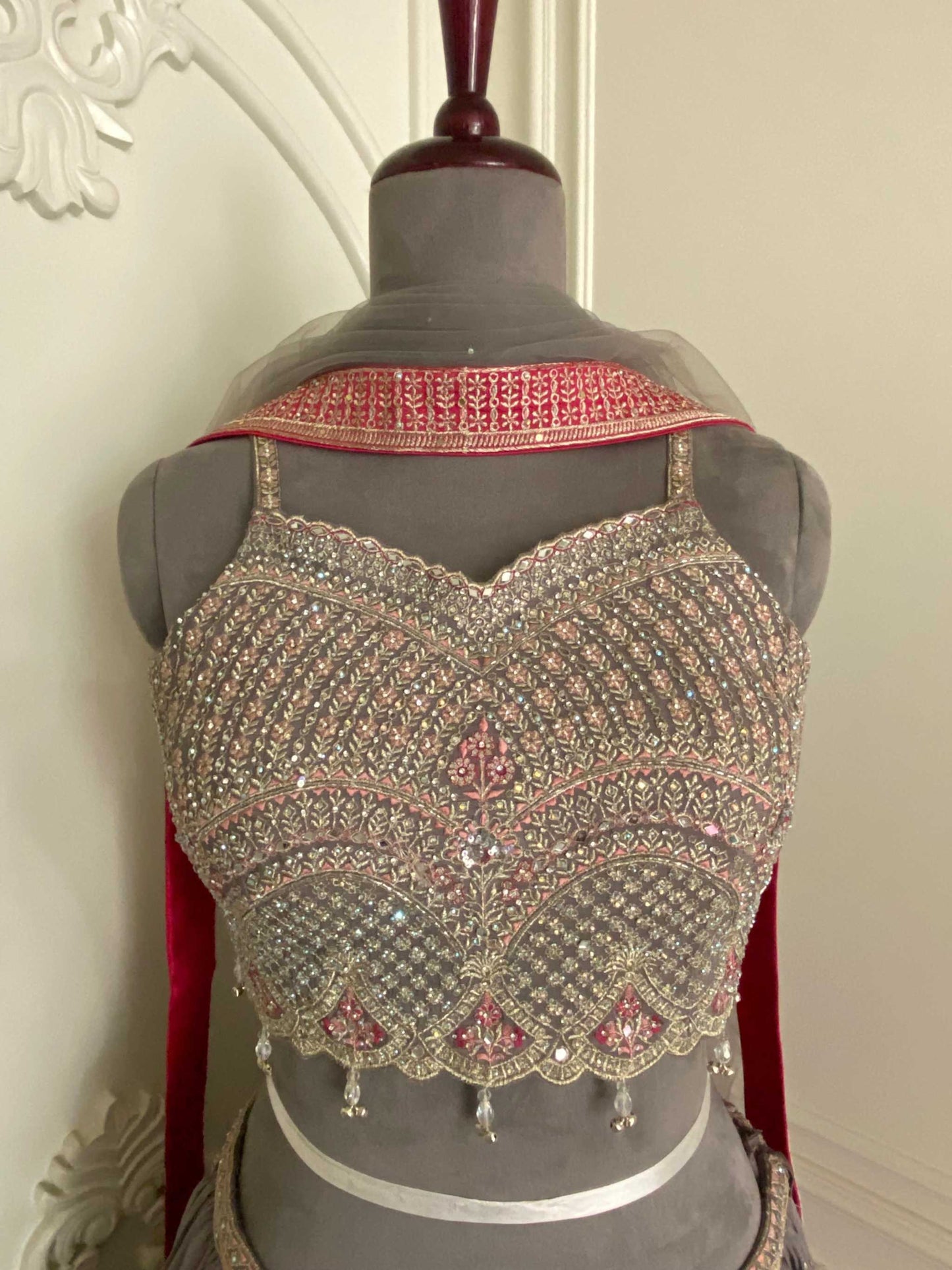 “Sophisticated Pure Grey Lehenga Set with Delicate Detailing”