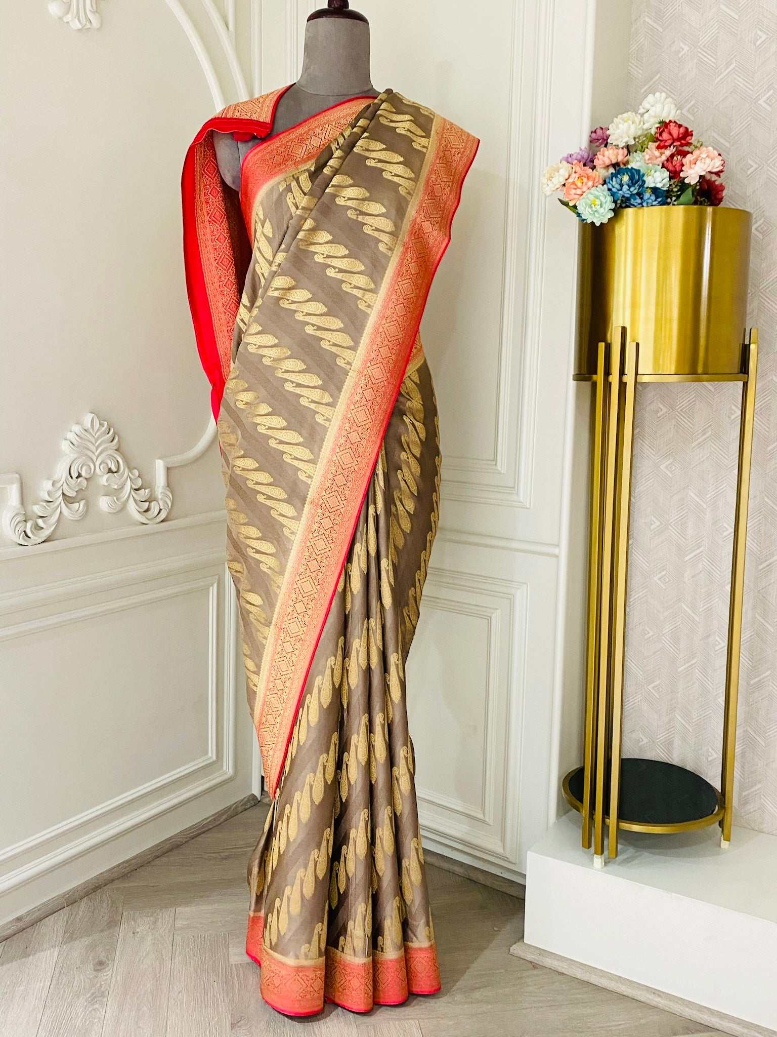 Cream Blended Art Silk Saree