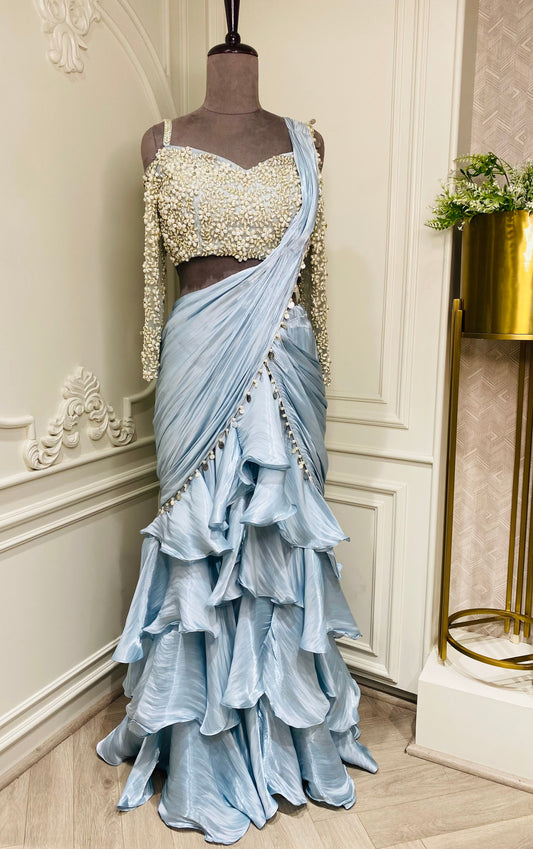 Ice Blue organza ready to wear saree