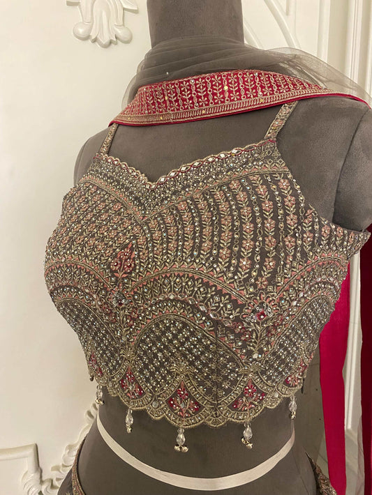 “Sophisticated Pure Grey Lehenga Set with Delicate Detailing”