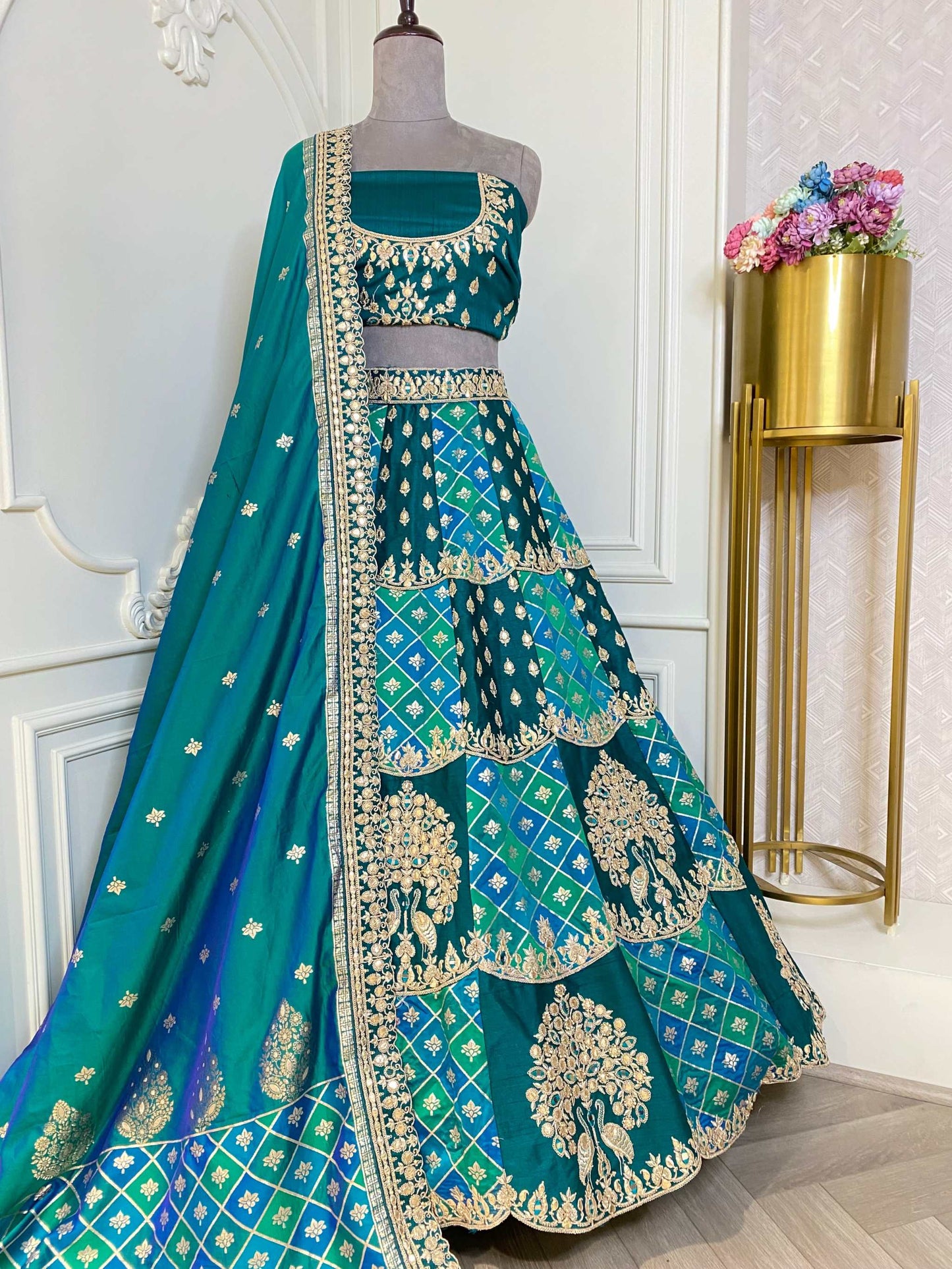 Deep green Banarasi lehenga