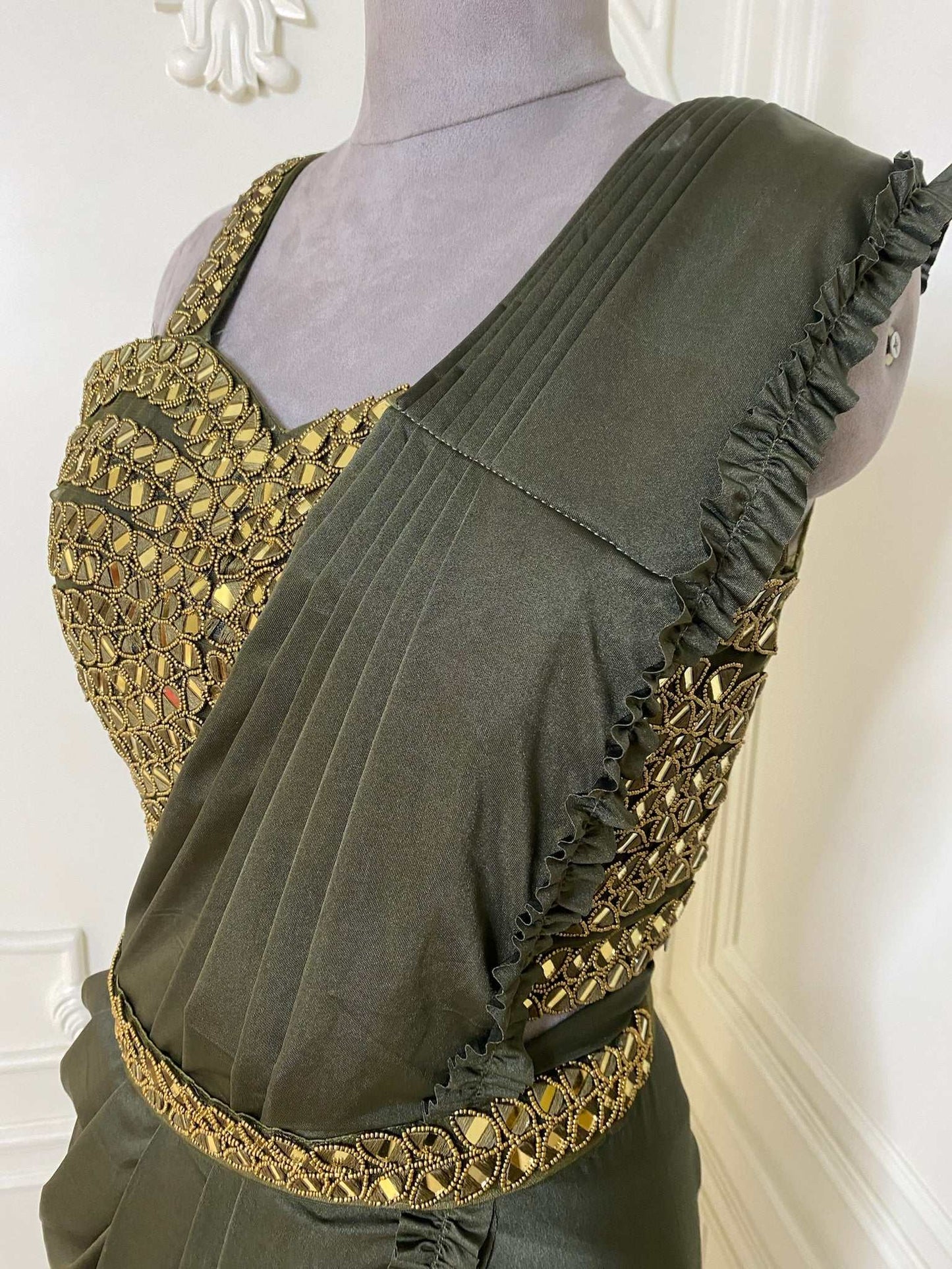 Olive Green Crepe Drape Saree