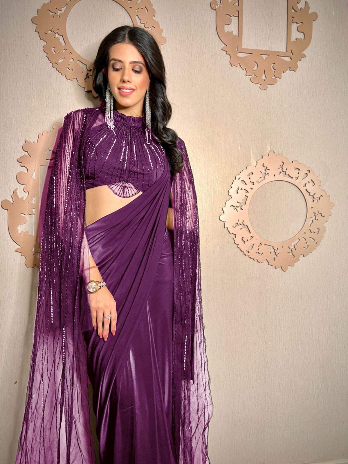 Powder blush drape saree