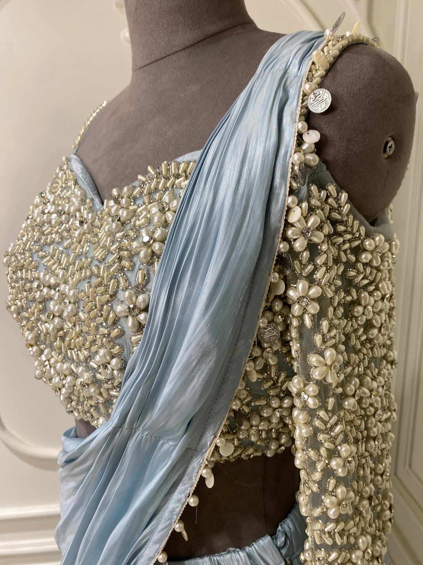 Ice Blue organza ready to wear saree