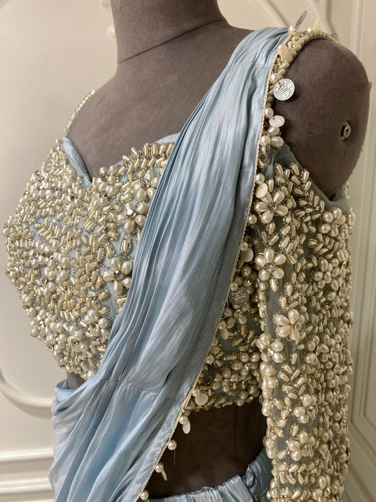 Ice Blue organza ready to wear saree