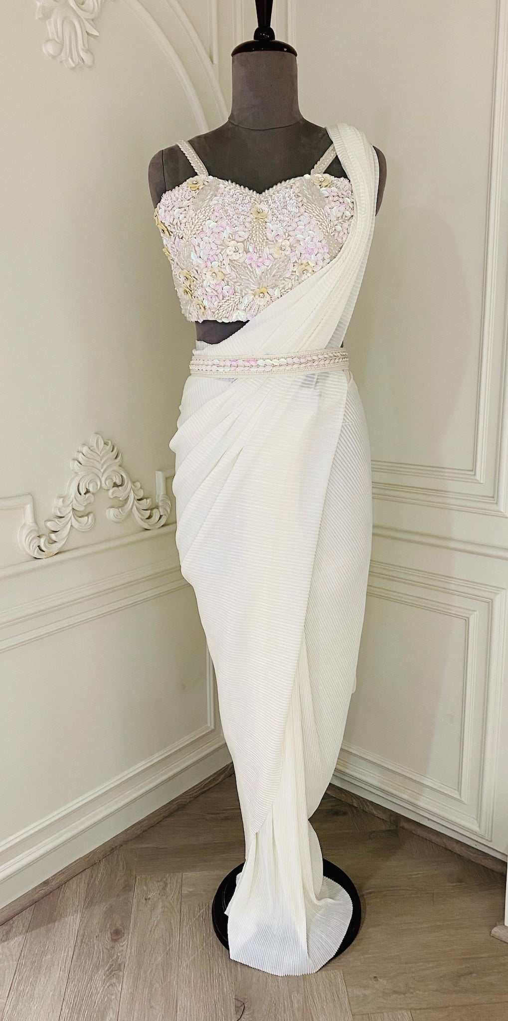 Forst white drape saree