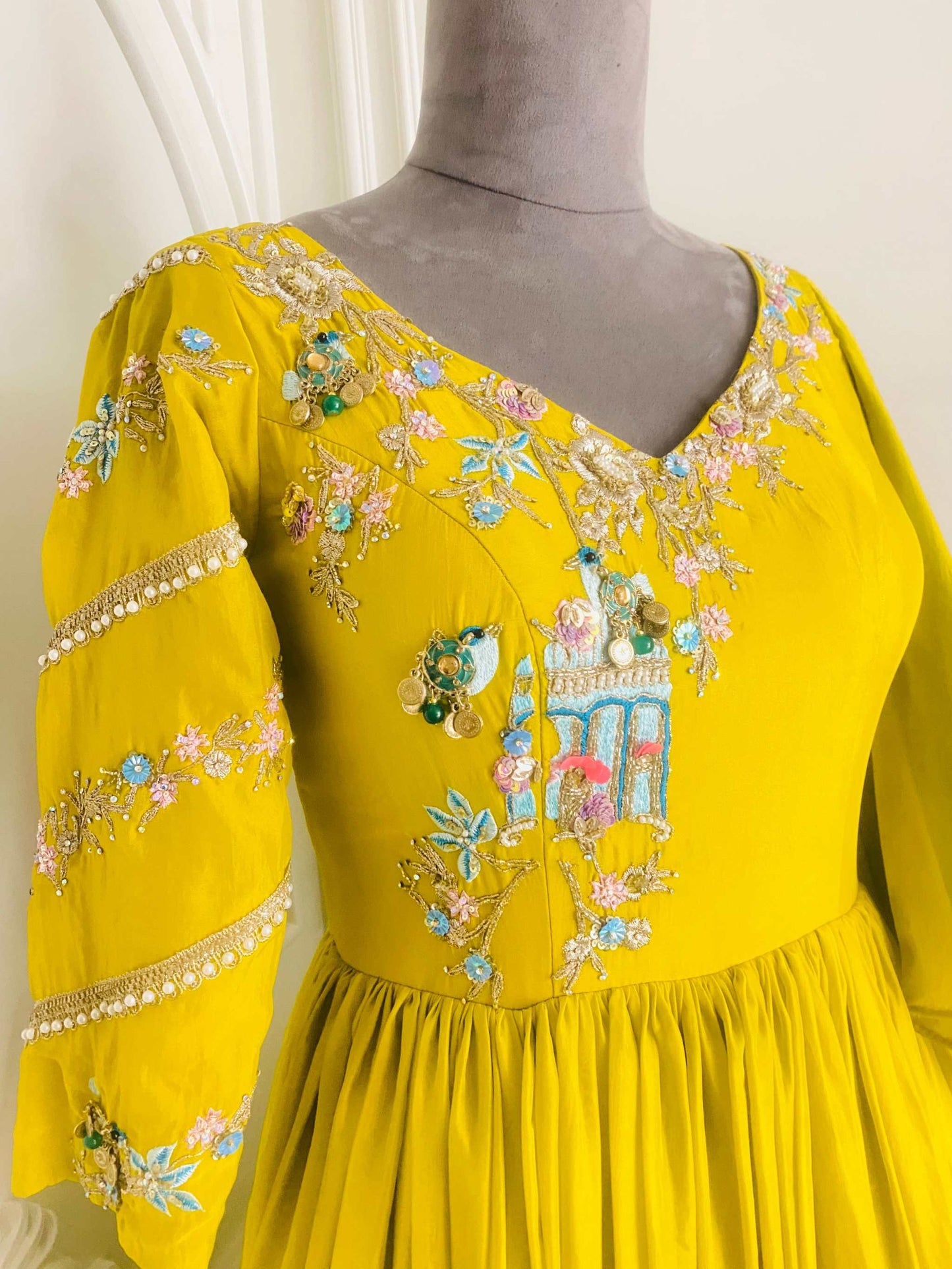 Charming gown with attached duptta in sun shine yellow color
