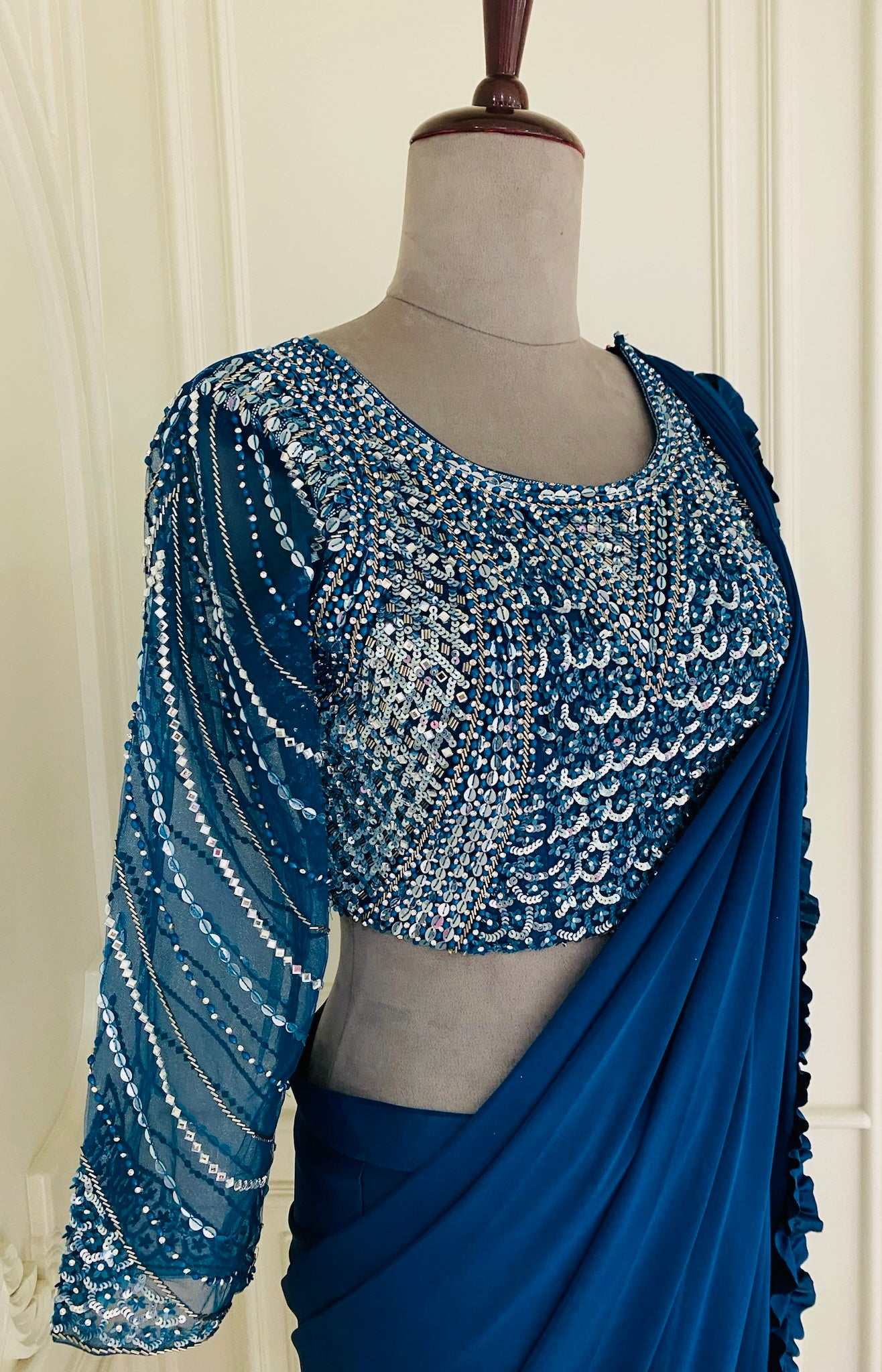 Teal Lycra Ready Wear Saree