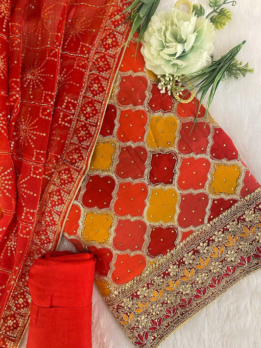 Suits Rani Pink Stonework Semi Crepe Unstitched Salwar Suit