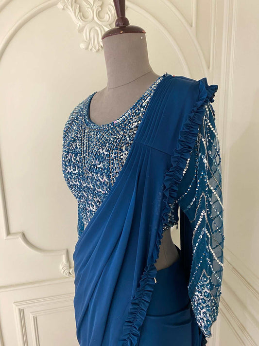 Teal Lycra Ready Wear Saree
