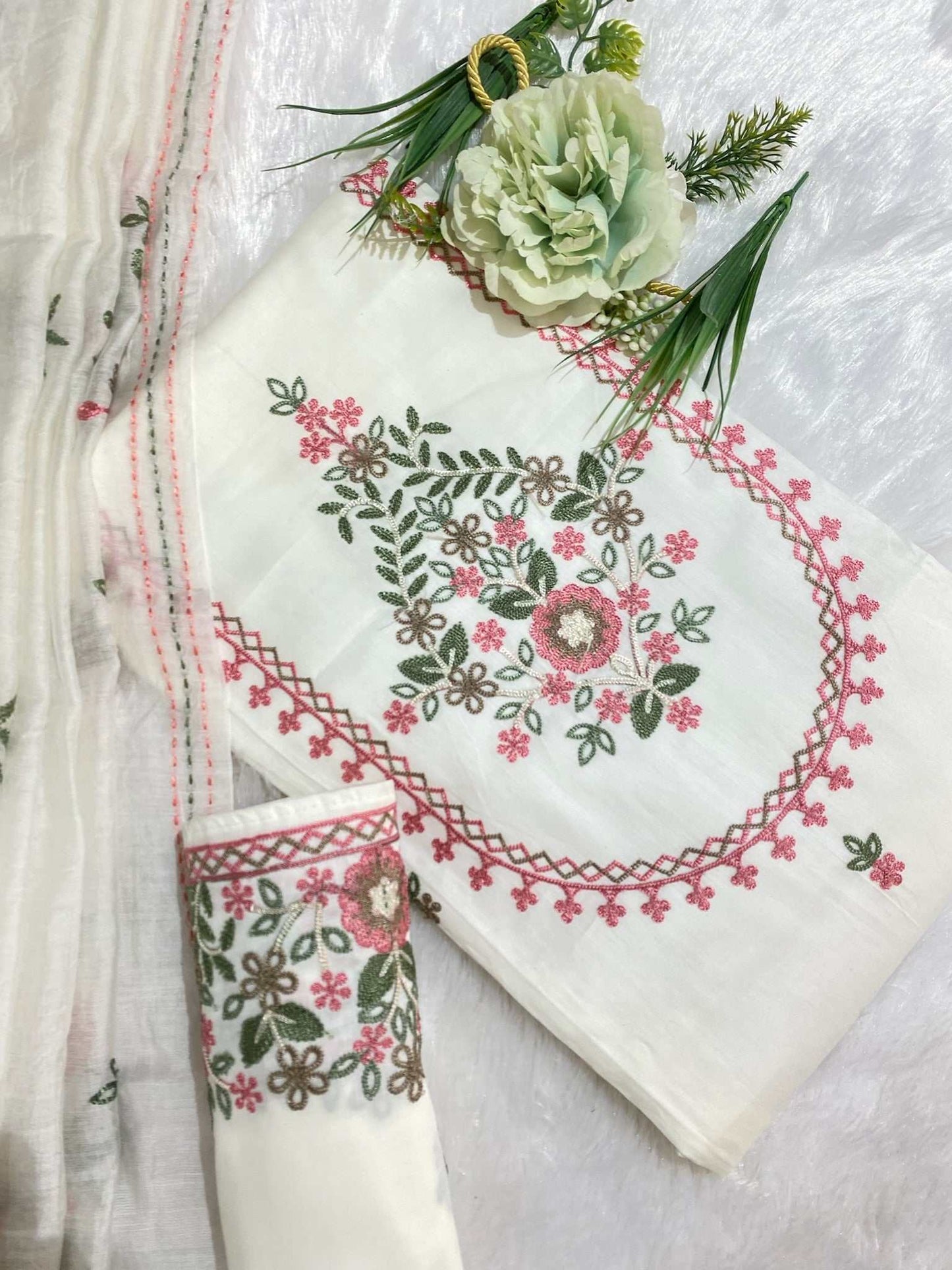 Resham Embroidery White Cotton Suit