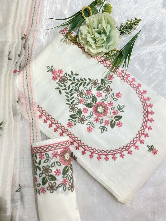 Resham Embroidery White Cotton Suit