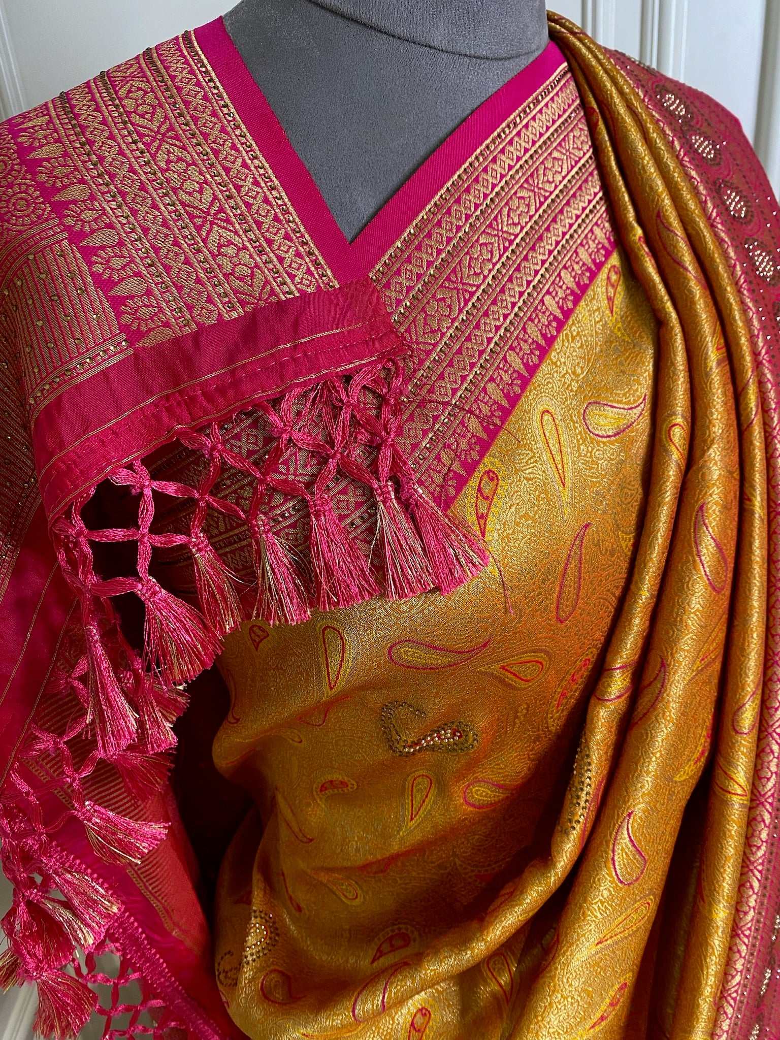 mustard pink saree with contrast border