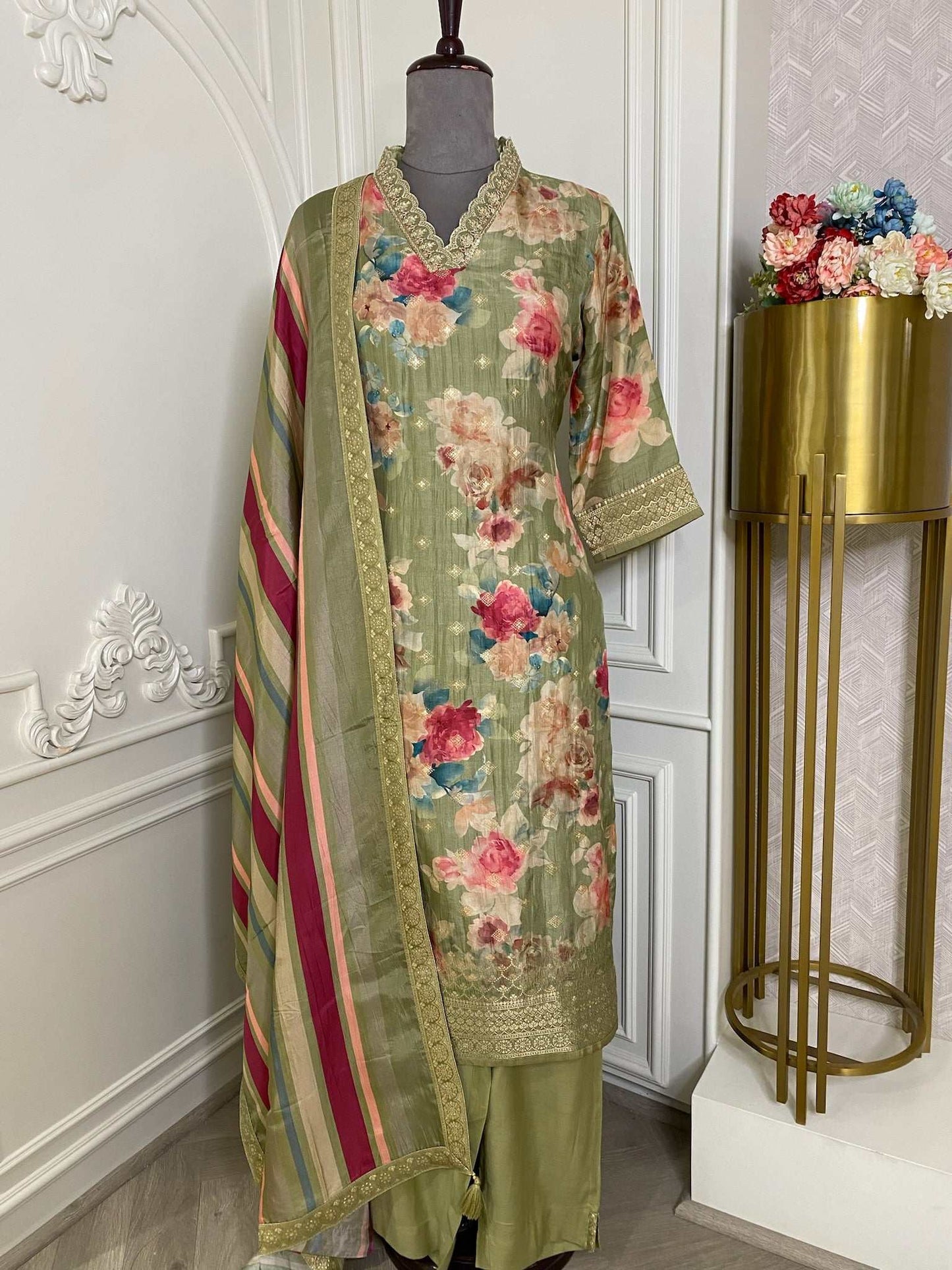 Floral green ready made suit