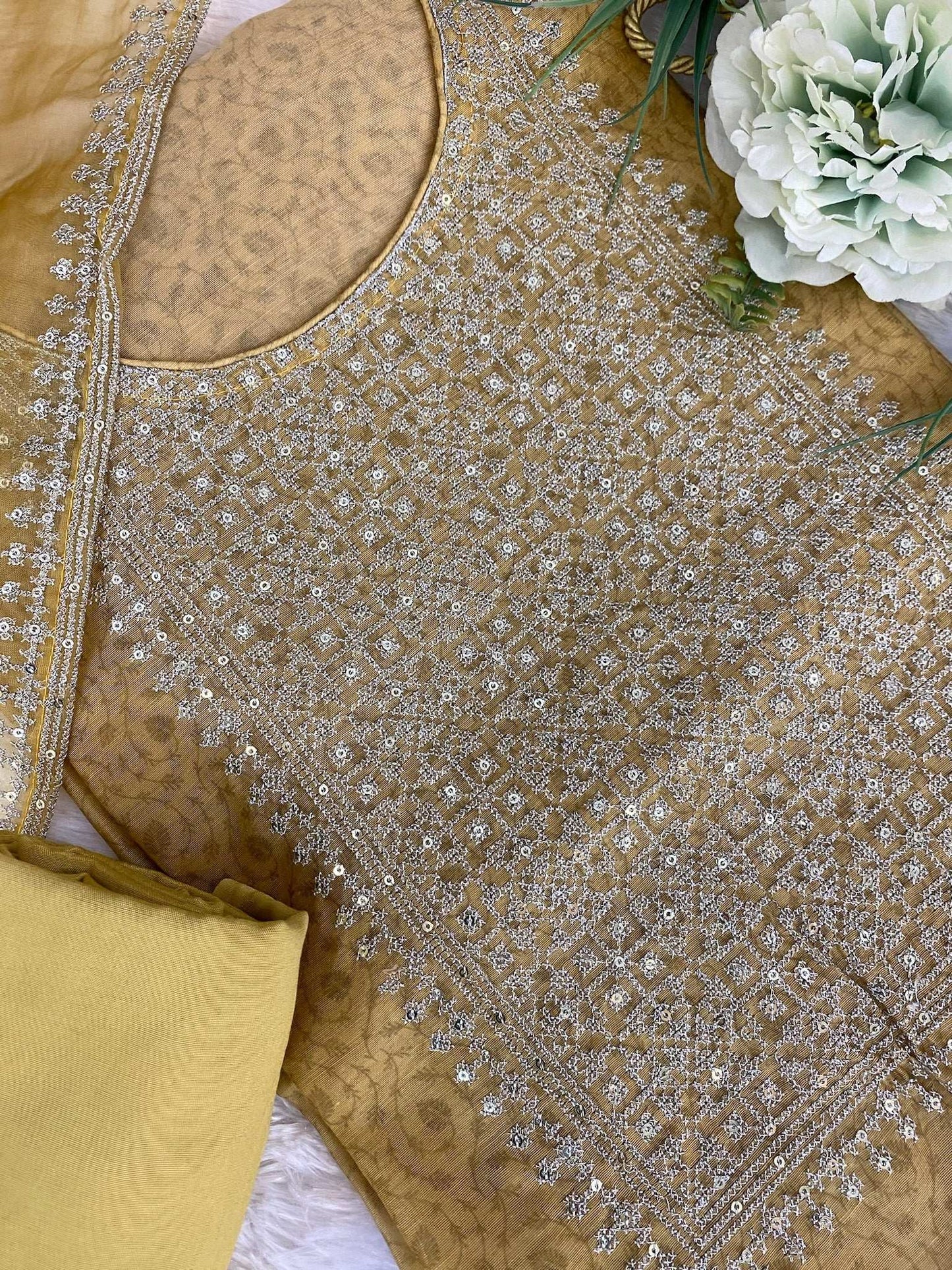Gold Chanderi Zari Woven Suit With Sequins Work