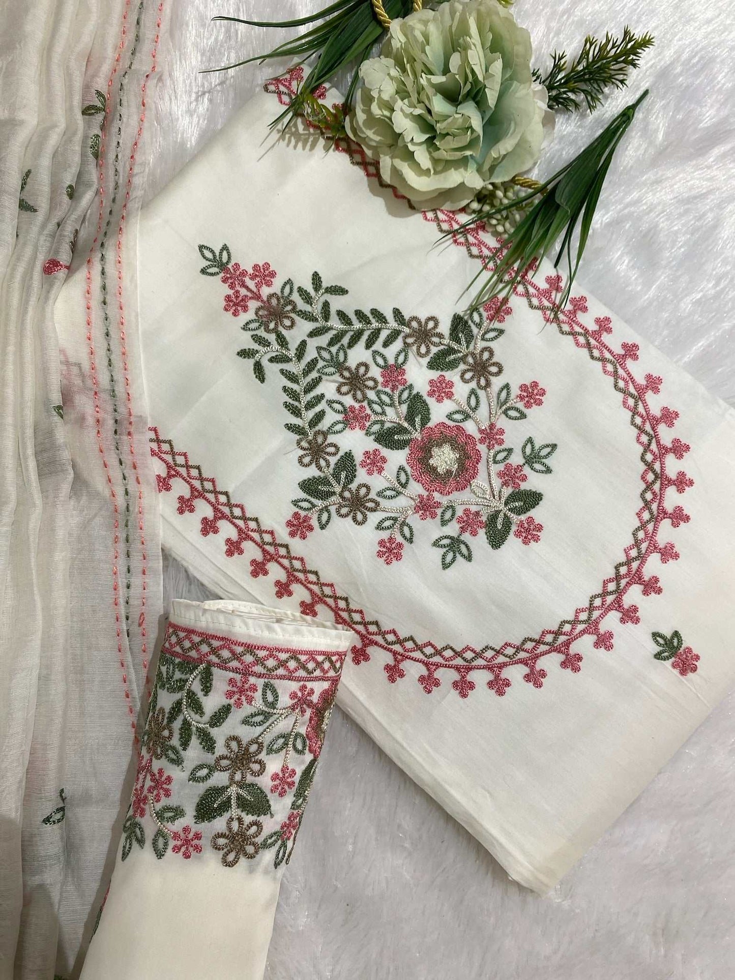 Resham Embroidery White Cotton Suit