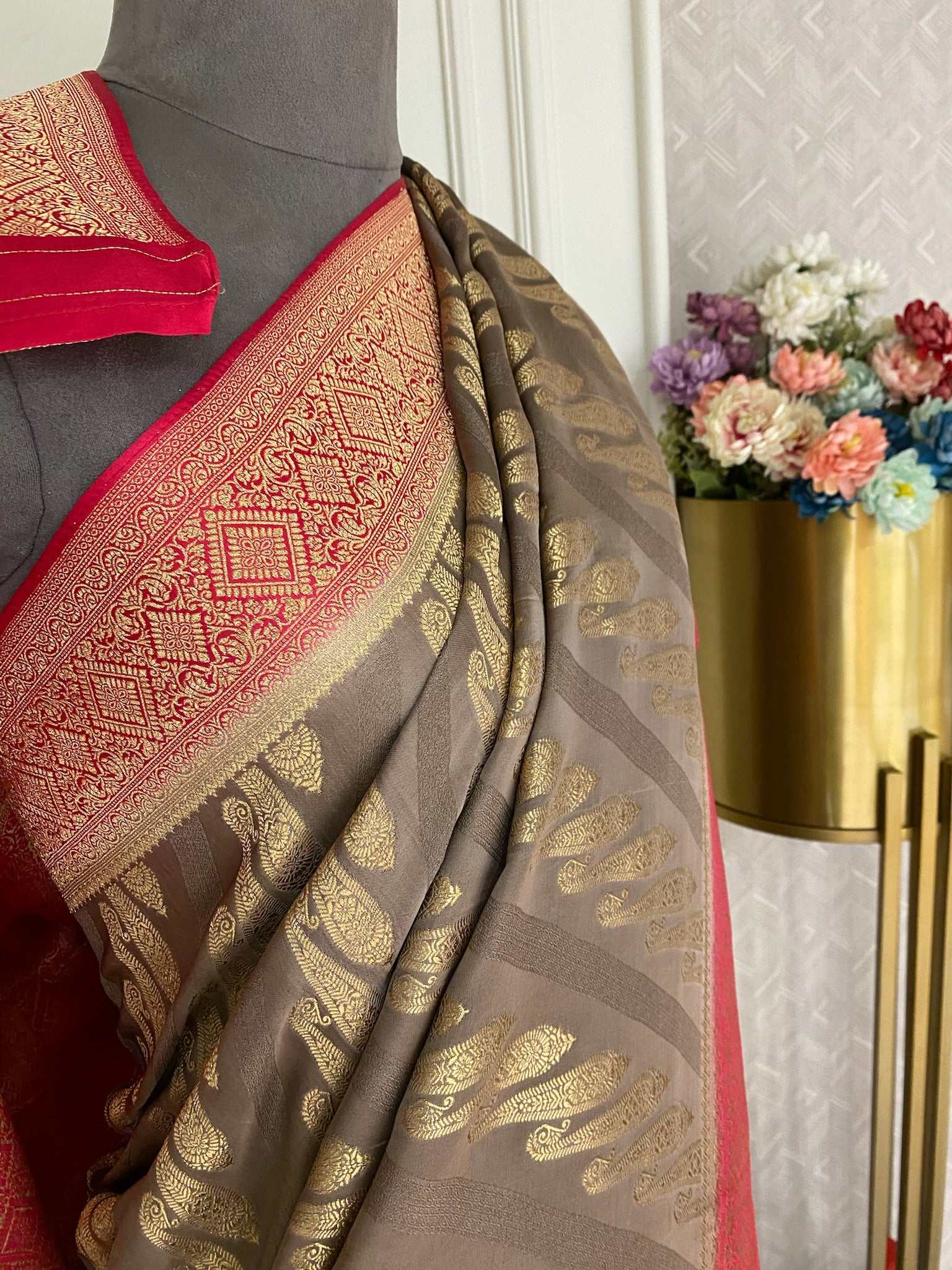 Cream Blended Art Silk Saree