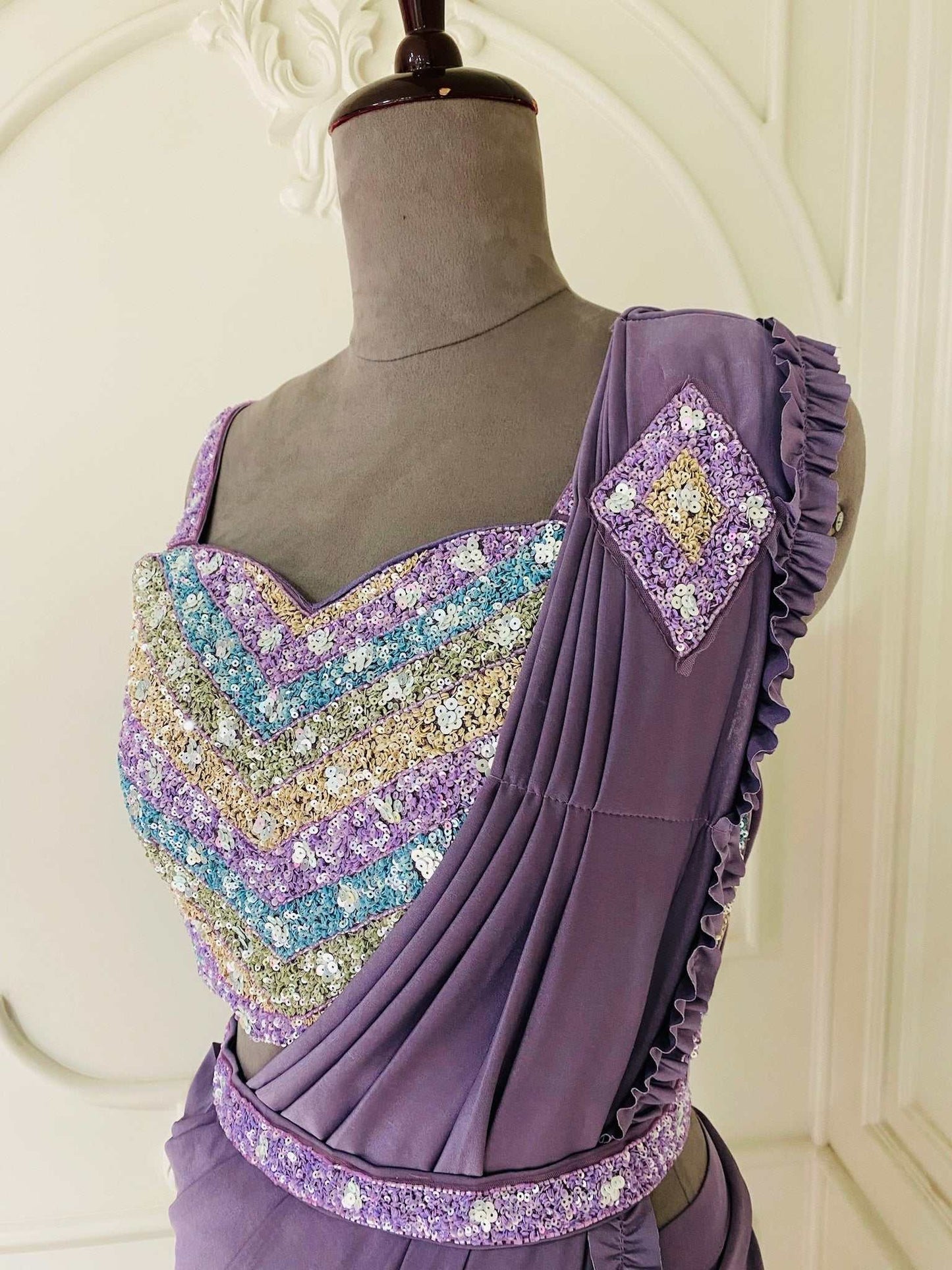 Lavender Dreams: Ready-to-Wear Saree with Intricate Embroidery