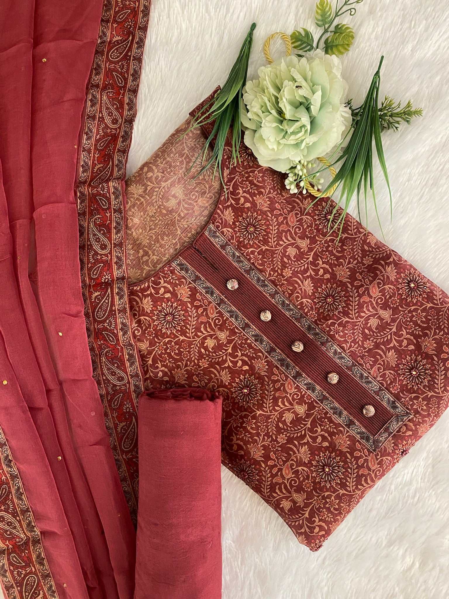 Deep Red  Sequins Chanderi  Suit