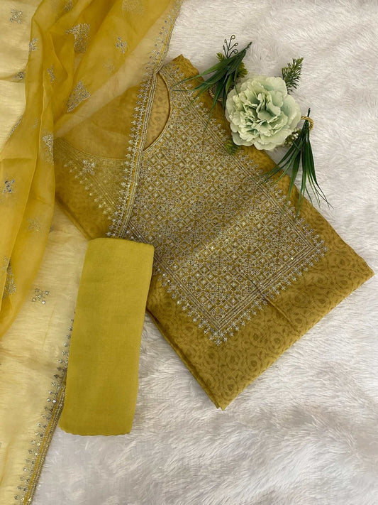 Gold Chanderi Zari Woven Suit With Sequins Work