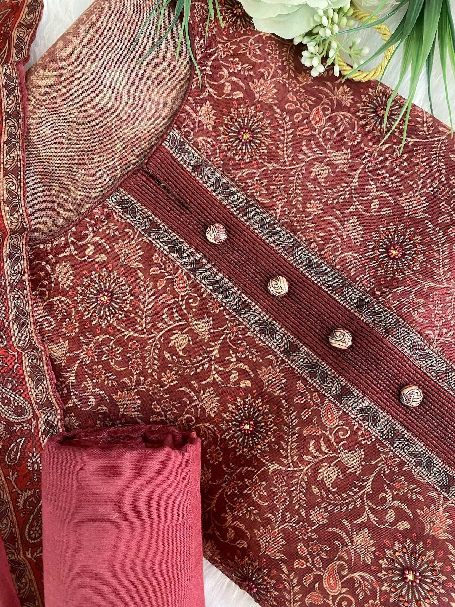 Deep Red  Sequins Chanderi  Suit